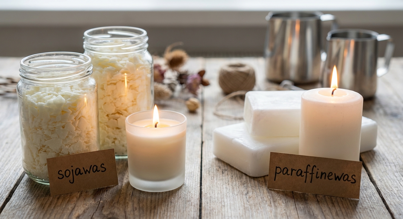Fotorealistische close-up van sojawas en paraffinewas met brandende kaarsen op een houten tafel, als vergelijking voor het maken van kaarsen.