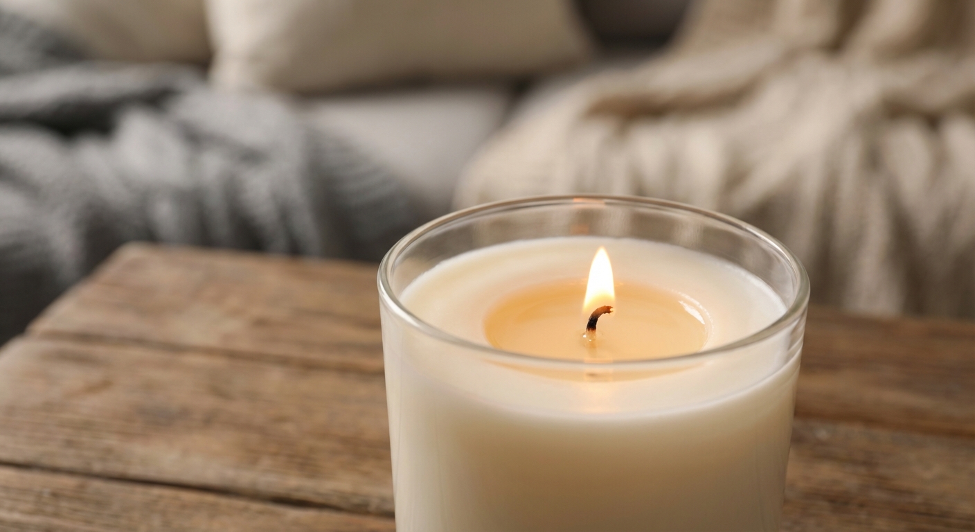 Close-up van een handgegoten geurkaars in een glazen pot met een rechte lont en een egaal smeltbad, als voorbeeld van een goed gekozen kaarslont