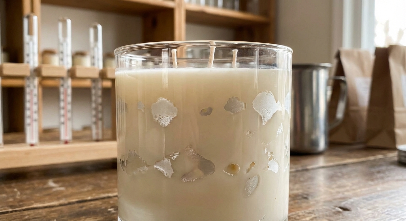 Close-up van een handgemaakte sojakaars in een glazen container met zichtbare natte plekken langs de rand