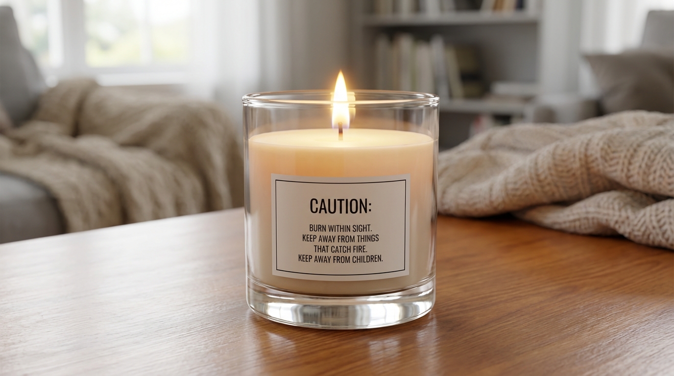 Brandende geurkaars in dik hittebestendig glas met veiligheidslabel op een salontafel