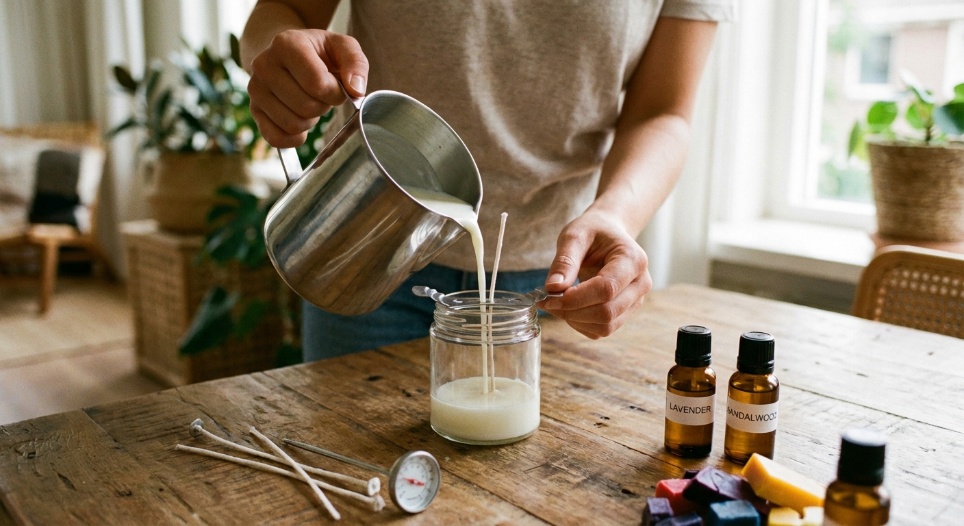 Primer plano fotorrealista de alguien haciendo una vela de soja en un recipiente de vidrio en casa, con cera derretida y mecha