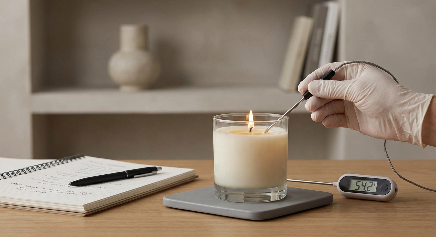 Veilige brandtest van een geurkaars in een glazen container op een hittebestendige ondergrond