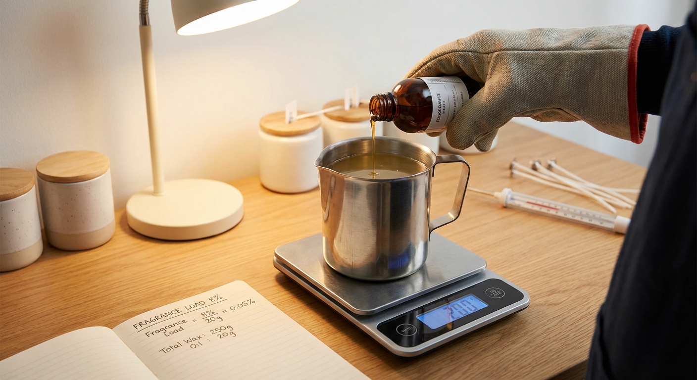 Close-up van het nauwkeurig afwegen en toevoegen van geurolie aan gesmolten kaarsenwas op een digitale weegschaal