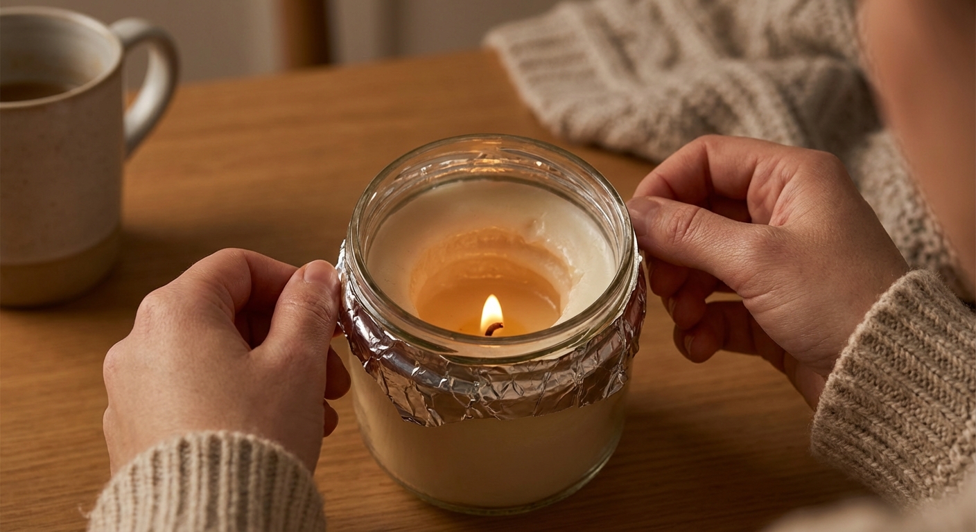 Fotorealistische close-up van een geurkaars in glas met duidelijke kaars tunneling, waarbij de was langs de randen hard is gebleven en een diepe tunnel rond de lont is ontstaan.