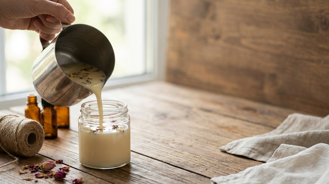 Close-up van iemand die een natuurlijke sojawas kaars met etherische olie maakt in een glazen container