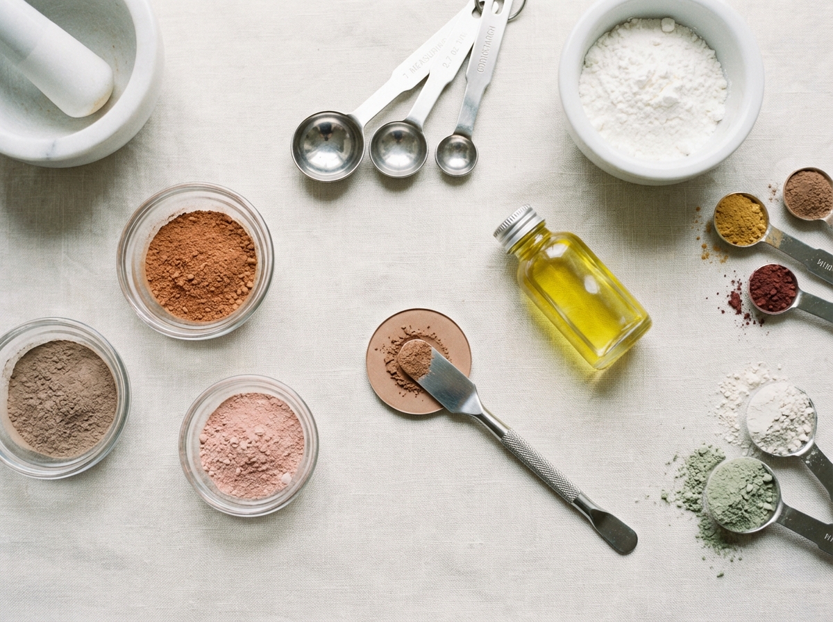 Fabriquer soi-même son bronzer et sa poudre de contouring avec des pigments, de la fécule de maïs et de l'huile sur un plan de travail de maquillage DIY